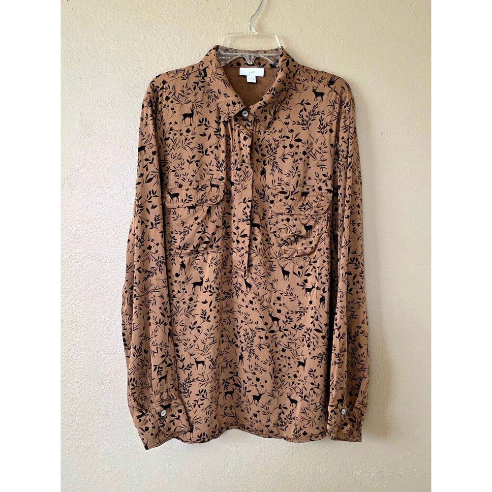 J. Jill Brown Woodland Deer Printed Long Sleeve Blouse - Size Medium